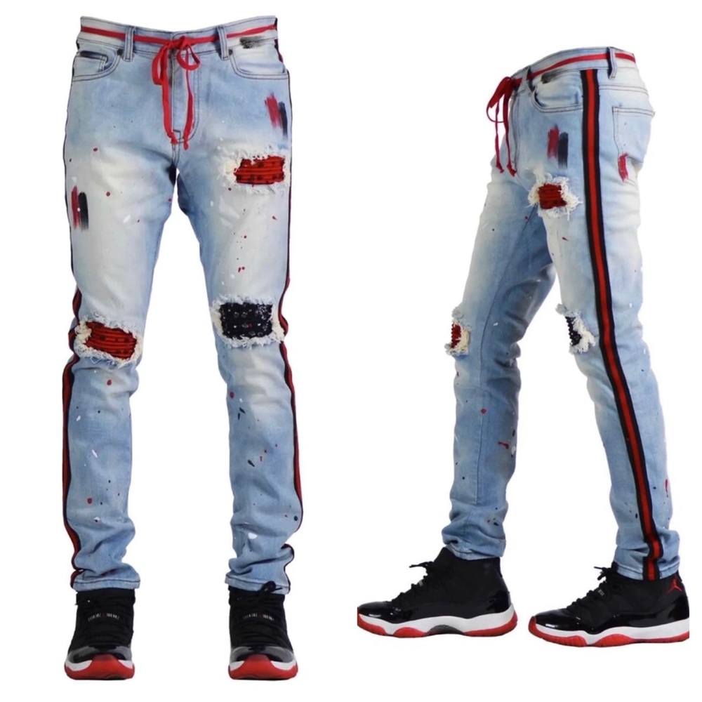 Focus Jeans Men’s Bandana Patches And Stripes Slim Fit Size 29x30 Distressed.